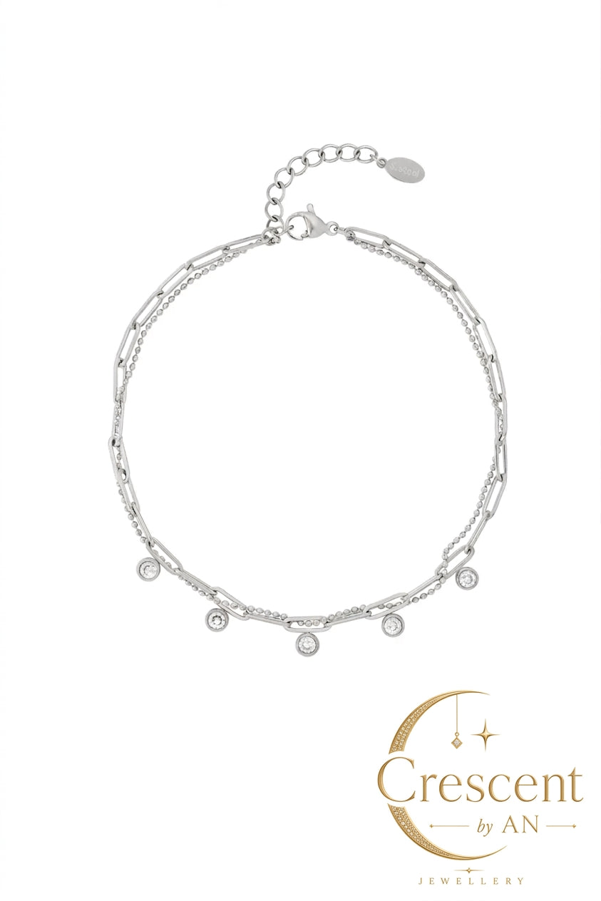 Dainty Rhinestone Bezel Double Layer Anklet