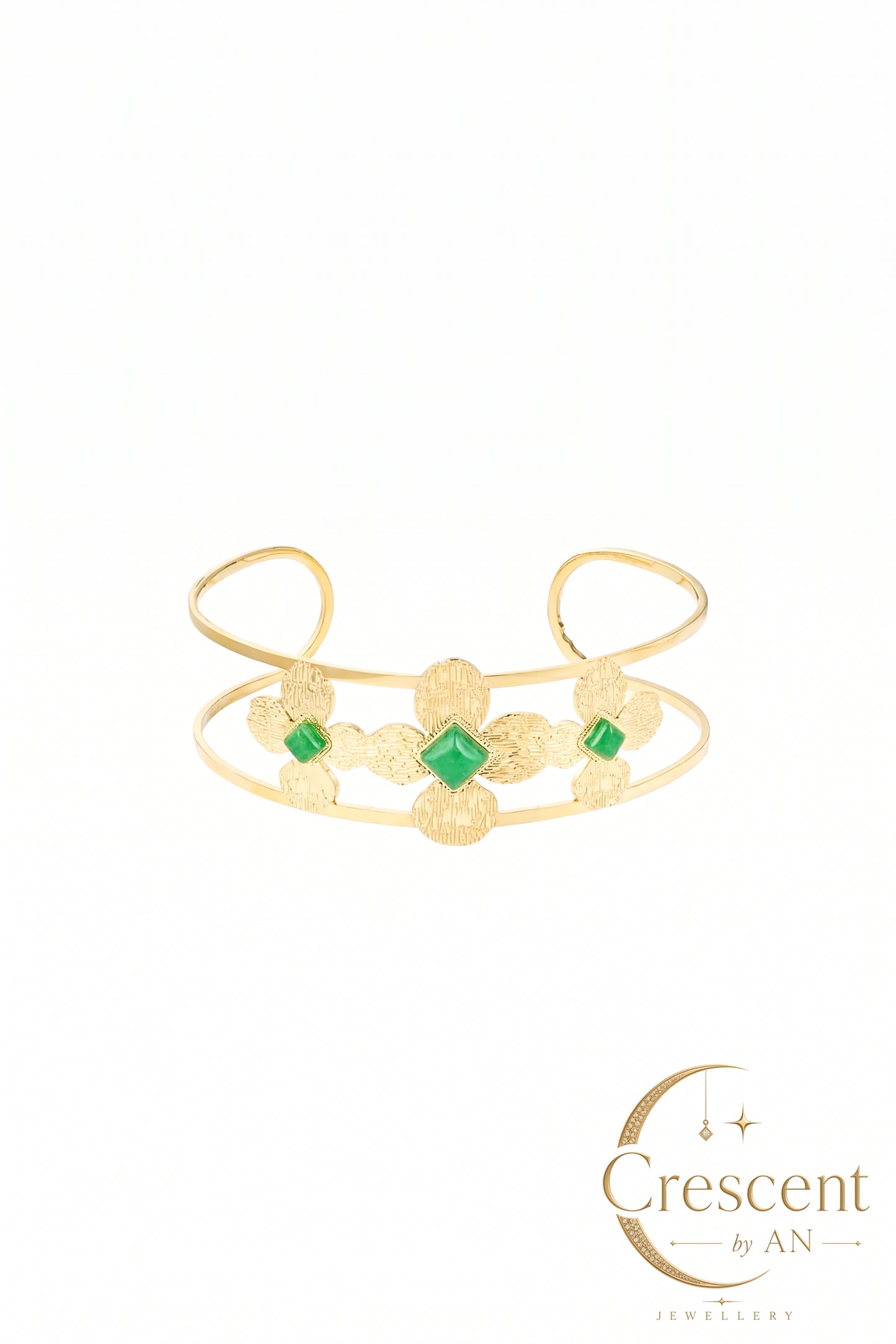 Gold Floral Cuff Bracelet with Green Accent Stones – Classic Series