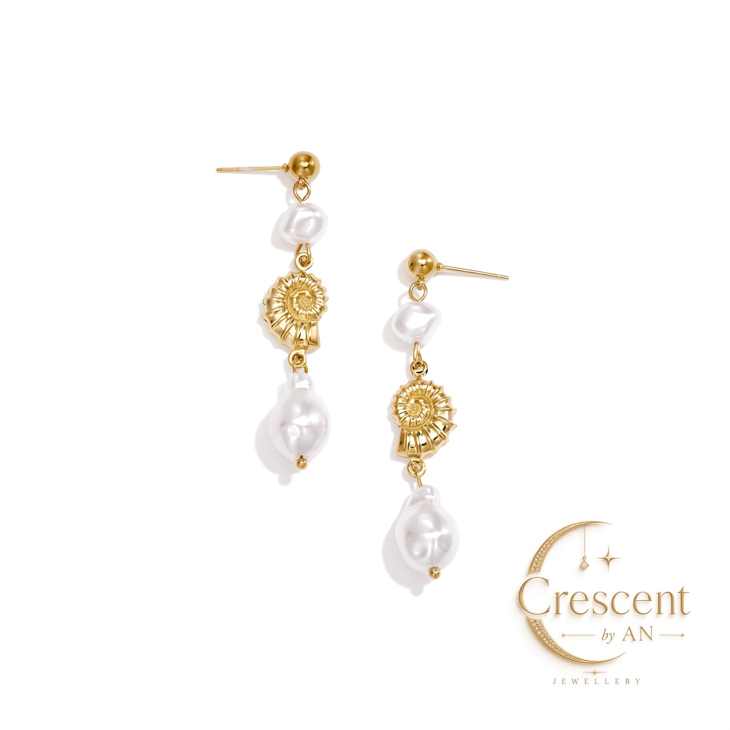 Golden Shell & Pearl Drop Earrings