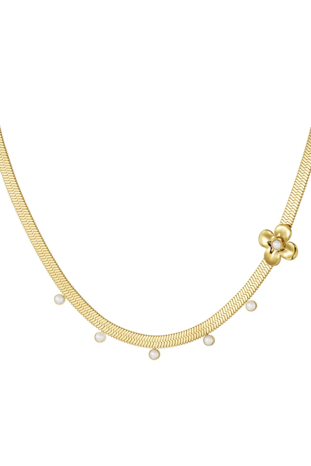 Pearl Charm Floral Herringbone Gold Necklace