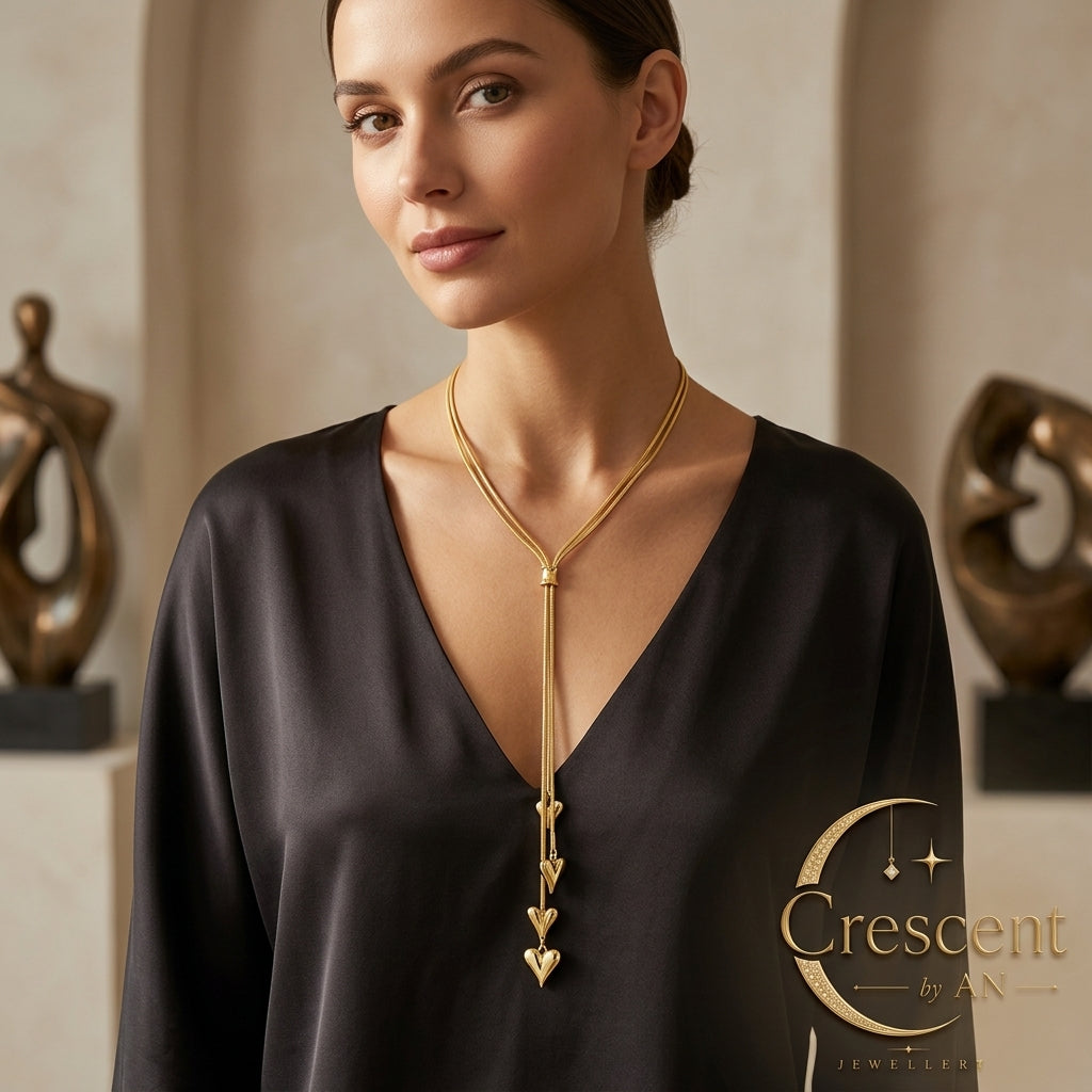 Cascading Heart Lariat Gold Necklace