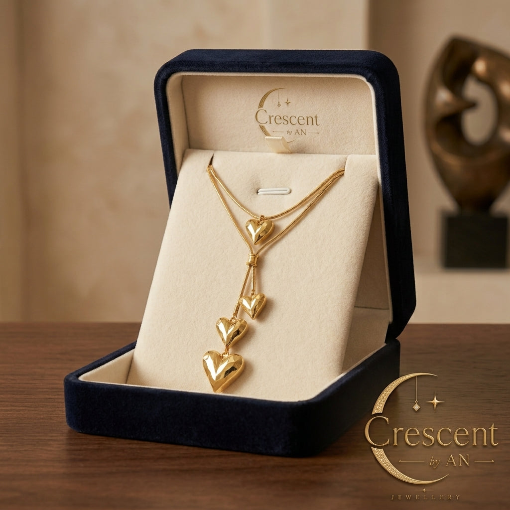 Cascading Heart Lariat Gold Necklace