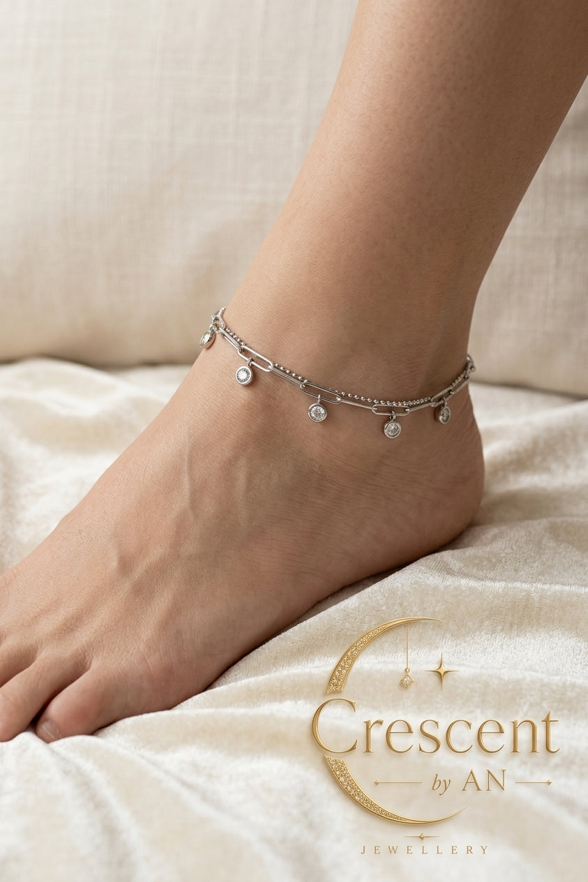 Dainty Rhinestone Bezel Double Layer Anklet