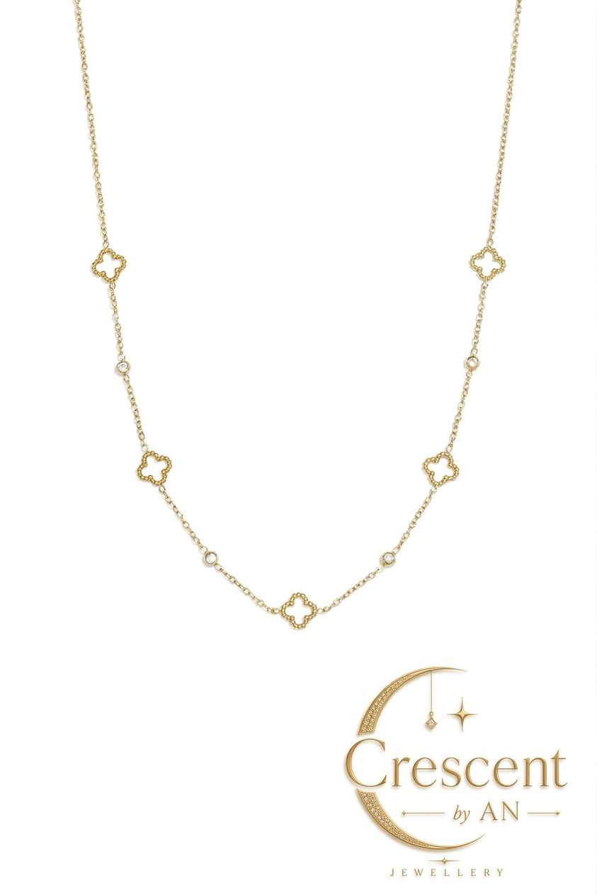 Four-Leaf Clover & Rhinestone Station Gold Necklace