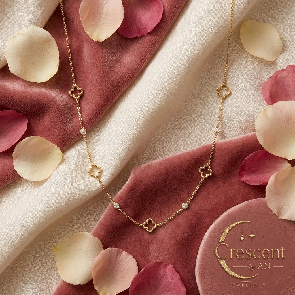 Four-Leaf Clover & Rhinestone Station Gold Necklace