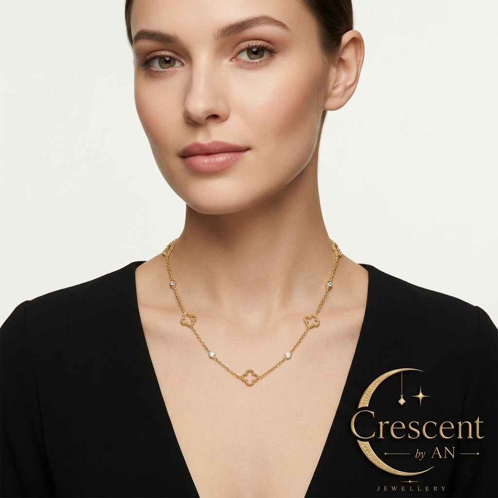 Four-Leaf Clover & Rhinestone Station Gold Necklace