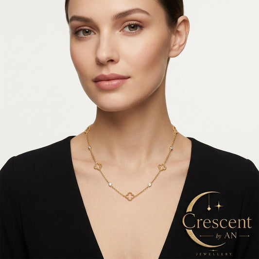 Four-Leaf Clover & Rhinestone Station Gold Necklace