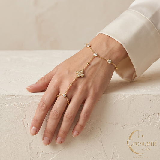 Gold Floral Charm Hand Chain Bracelet