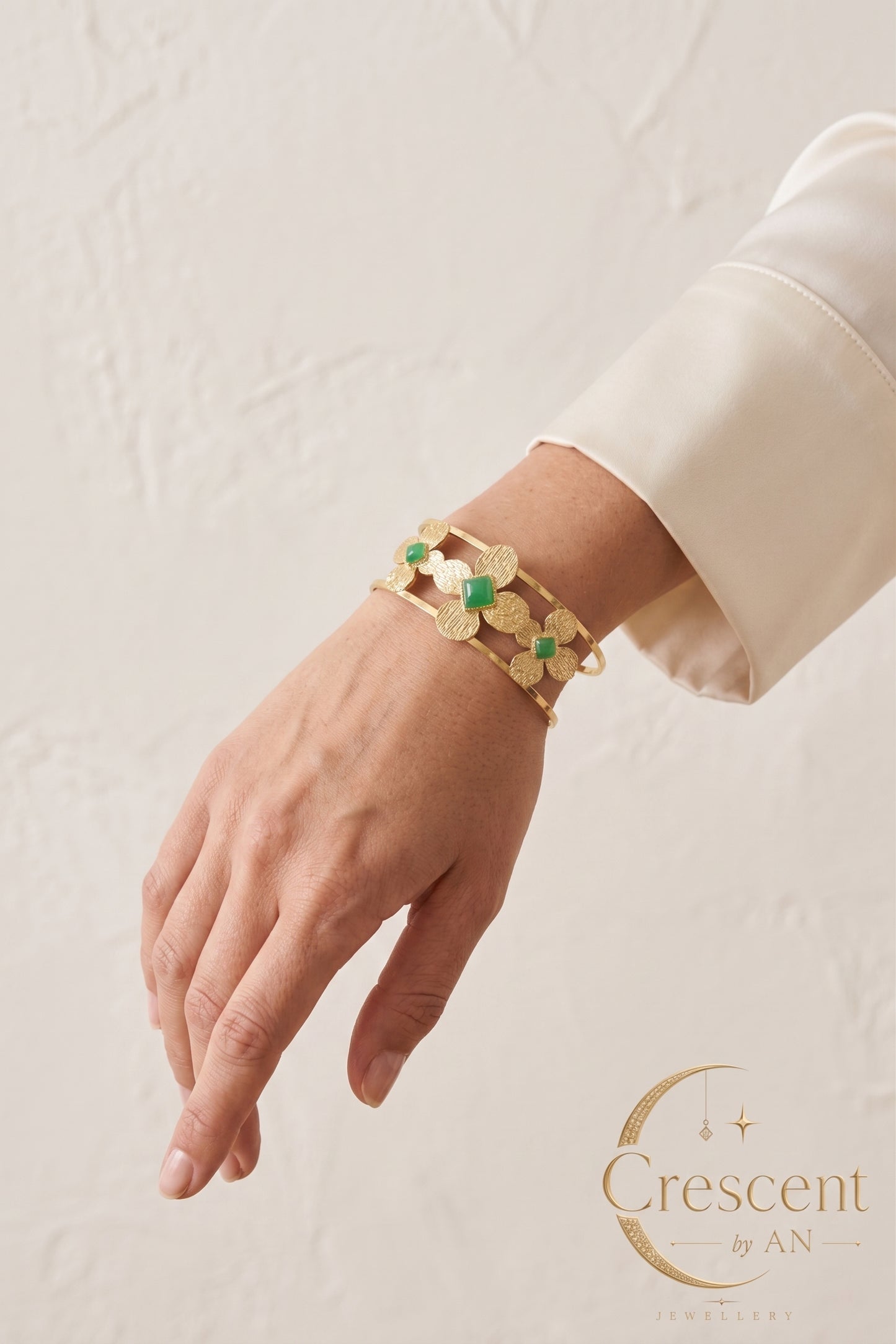 Gold Floral Cuff Bracelet with Green Accent Stones – Classic Series