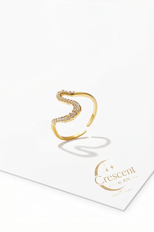 Minimalist Wavy Line Rhinestone Adjustable Ring