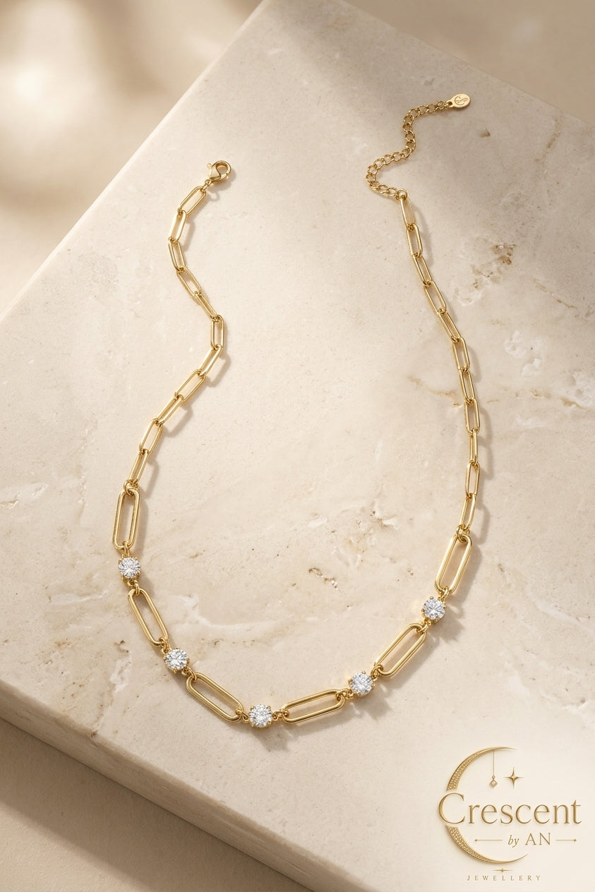 Paperclip Link & Zircon Gemstone Gold Choker