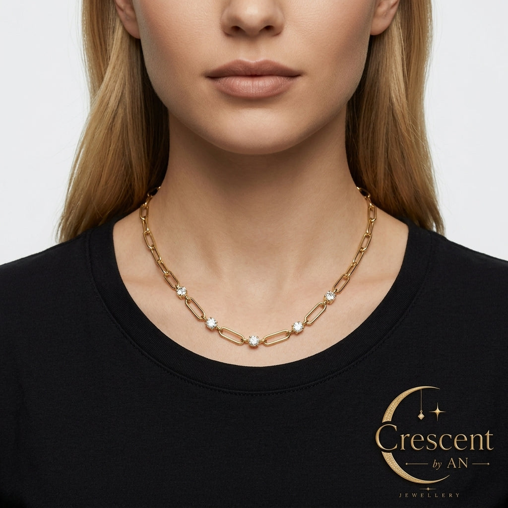 Paperclip Link & Zircon Gemstone Gold Choker