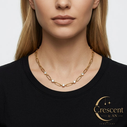 Paperclip Link & Zircon Gemstone Gold Choker