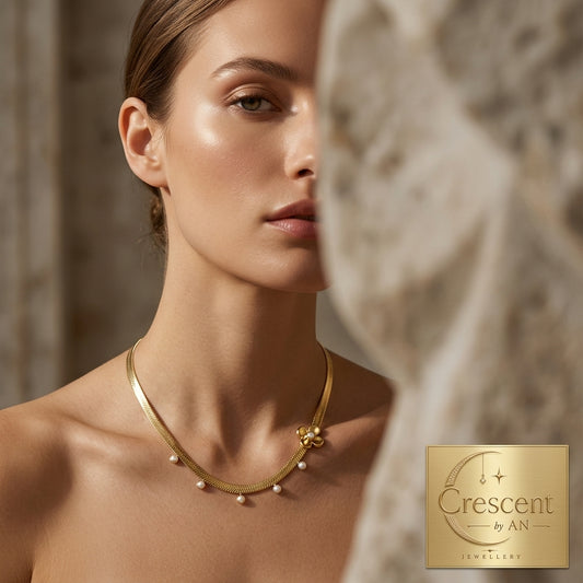 Pearl Charm Floral Herringbone Gold Necklace