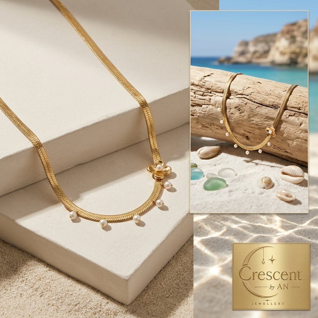 Pearl Charm Floral Herringbone Gold Necklace