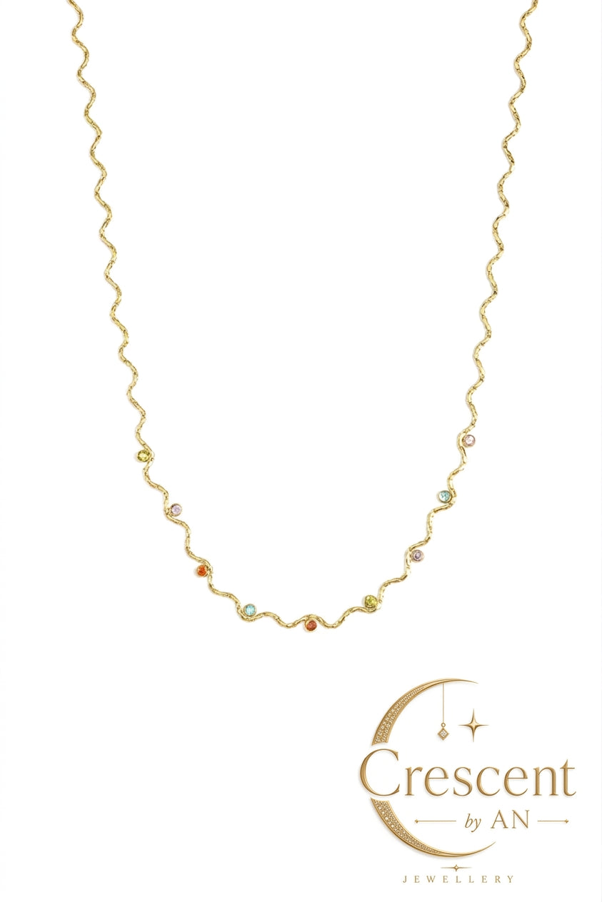 Wave Wavy Gemstone Gold Choker