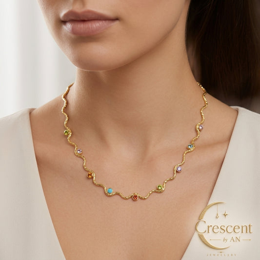 Wave Wavy Gemstone Gold Choker
